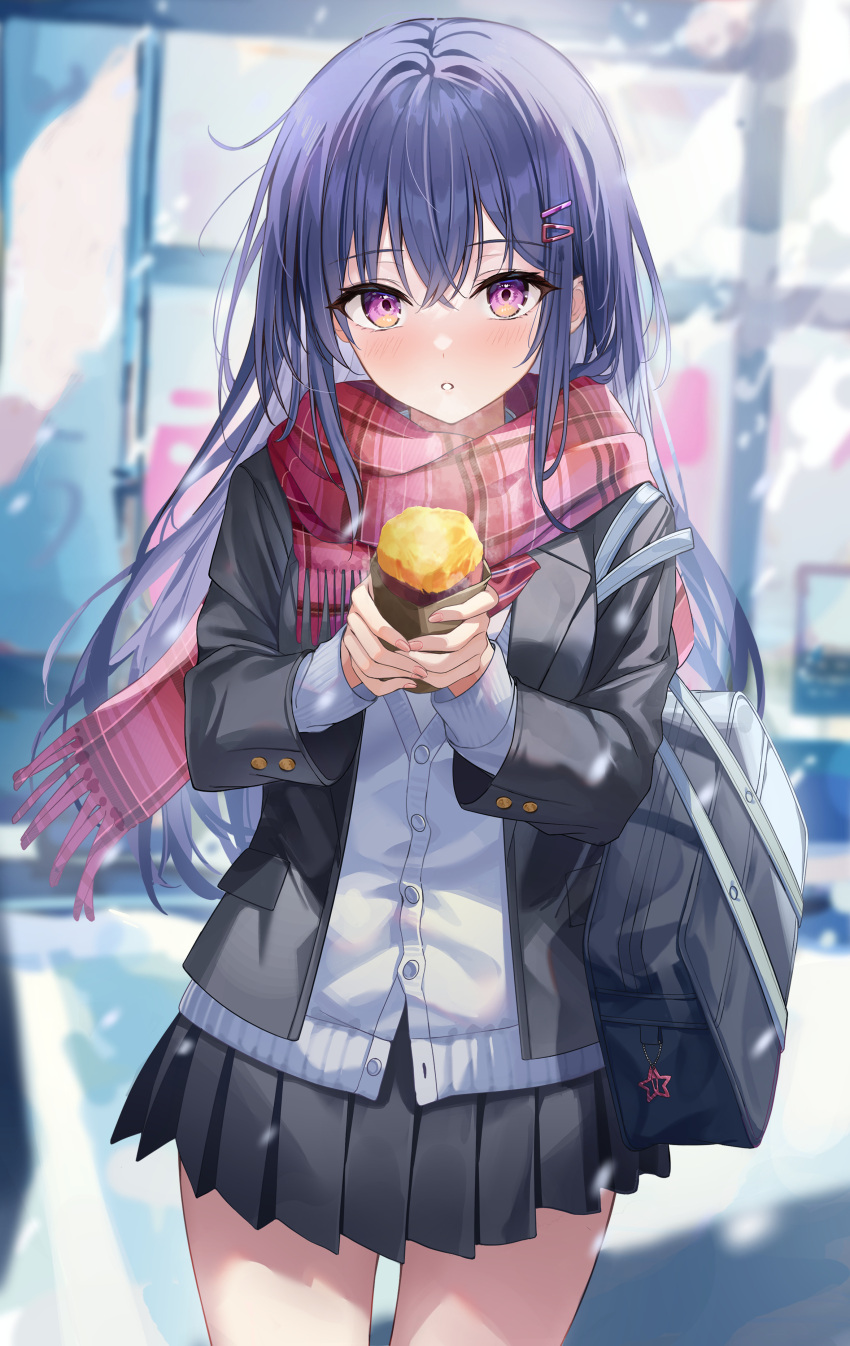 1girl, absurdres, bag, black_hair, black_skirt, blurry, blurry_background, blush