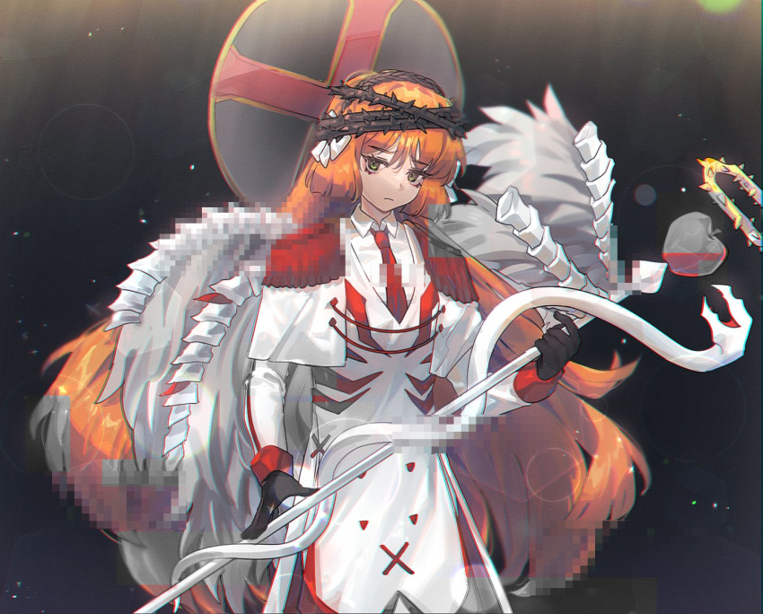 1girl, black_gloves, bow, caduceus, cape, coat, collared_shirt, cowboy_shot