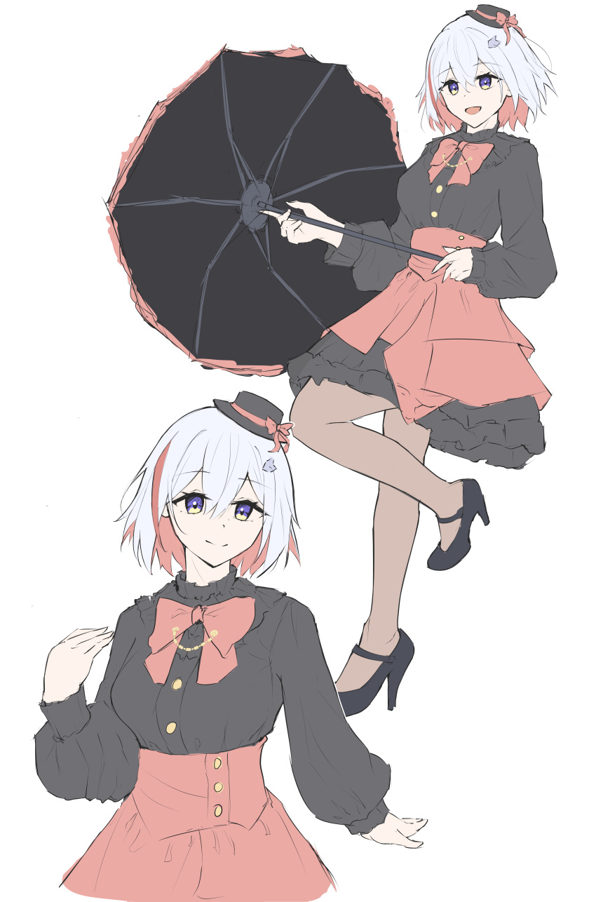 1girl, absurdres, alternate_costume, black_footwear, black_headwear, black_shirt, closed_mouth, colored_inner_hair, full_body, grey_hair, hair_ornament, hairclip, hat, high_heels, highres, holding, holding_umbrella, honkai:_star_rail, honkai_(series), long_sleeves, multicolored_hair, open_mouth, pantyhose, redhead, ribbon, ryz_(ujrn7248), shirt, short_hair, skirt, smile, solo, split-color_hair, streaked_hair, topaz_(honkai:_star_rail), two-tone_hair, umbrella, violet_eyes, white_background
