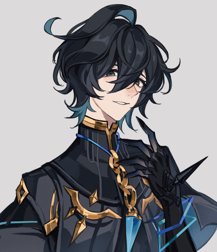 1boy, absurdres, ainchase_ishmael, black_cape, black_hair, black_jacket, blue_gemstone, cape, claws, ebf7l, elsword, gem, green_eyes, hand_up, highres, jacket, long_sleeves, male_focus, opferung_(elsword), parted_lips, simple_background, smile, solo, upper_body