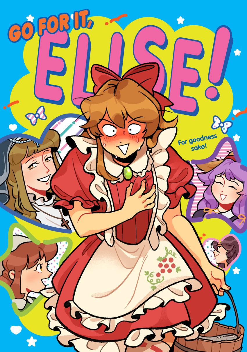 5girls, ayedah, blush, brown_hair, character_request, closed_eyes, cover, cover_page, cross, cross_necklace, drill_hair, elise_liedl, embarrassed, english_text, fake_cover, freya_(little_goody_two_shoes), ganbare!_nakamura-kun!!, hair_ribbon, highres, jewelry, lebkuchen_(little_goody_two_shoes), little_goody_two_shoes, long_hair, manga_cover, multiple_girls, necklace, nun, parody, purple_hair, ribbon, rozenmarine_(little_goody_two_shoes), title_parody, witch, yuri