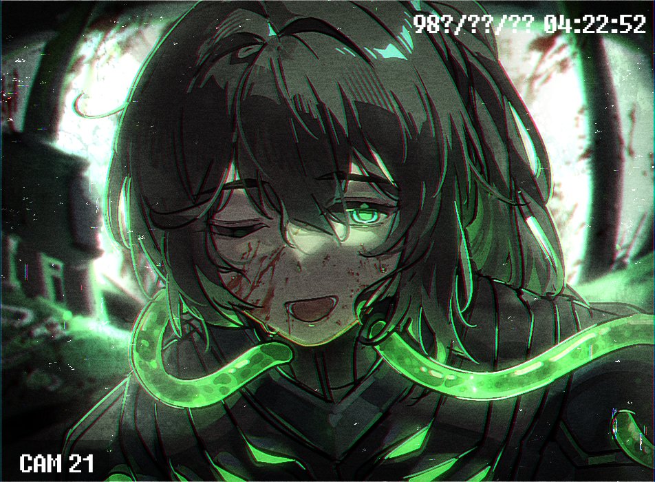 1boy, armor, black_armor, blood, blood_on_face, camera_feed, feruca, hong_lu_(project_moon)