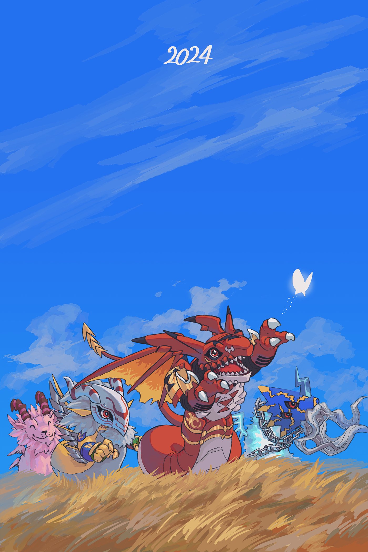 2024, blue_sky, bug, butterfly, chibi, chinese_zodiac, closed_eyes, digimon