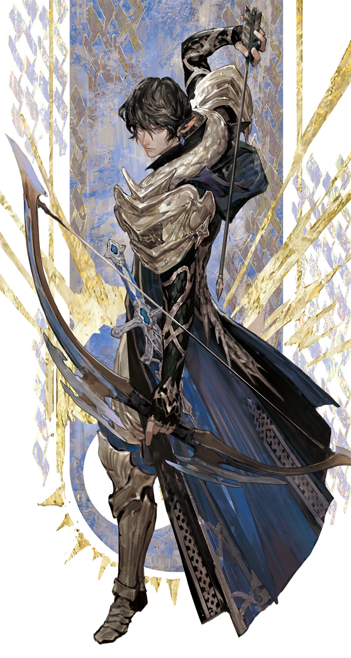 1boy, arm_up, armor, arrow_(projectile), aymeric_de_borel, black_coat, black_gloves, black_hair, blue_eyes, bow_(weapon), chinese_commentary, coat, earrings, elbow_gloves, elezen, elf, final_fantasy, final_fantasy_xiv, fingerless_gloves, from_above, full_body, gloves, greaves, hangleing, highres, holding, holding_arrow, holding_bow_(weapon), holding_weapon, hood, hood_down, hooded_coat, jewelry, looking_at_viewer, male_focus, pauldrons, pointy_ears, serious, short_hair, shoulder_armor, solo, standing, sword, weapon, white_background