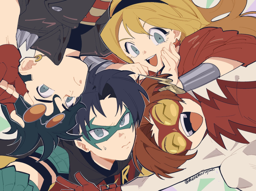 1girl, 3boys, artist_name, bart_allen, batman_(series), black_hair, bodysuit, cassie_sandsmark