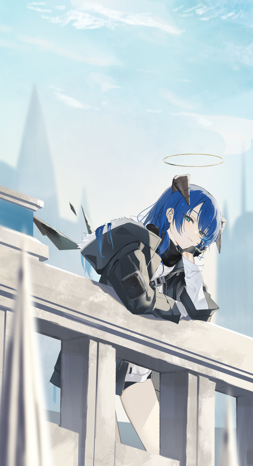 1girl, absurdres, against_railing, arknights, black_gloves, black_jacket, black_scarf, black_shorts