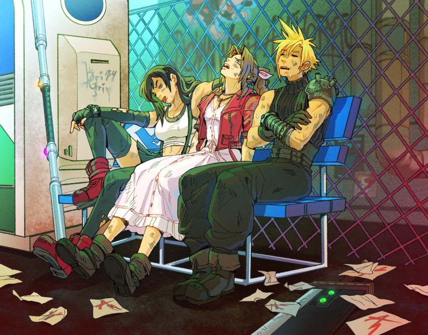 1boy, 2girls, aerith_gainsborough, bench, black_hair, black_thighhighs, blonde_hair, boots, bri_(brigriv), brown_hair, buster_sword, cloud_strife, crop_top, cropped_jacket, dirty, dress, exhausted, fence, final_fantasy, final_fantasy_vii, final_fantasy_vii_remake, head_back, jacket, mage_staff, materia, multiple_girls, pink_dress, red_jacket, sitting, sleeveless, sleeveless_turtleneck, suspenders, sweat, thigh-highs, tifa_lockhart, tongue, tongue_out, turtleneck