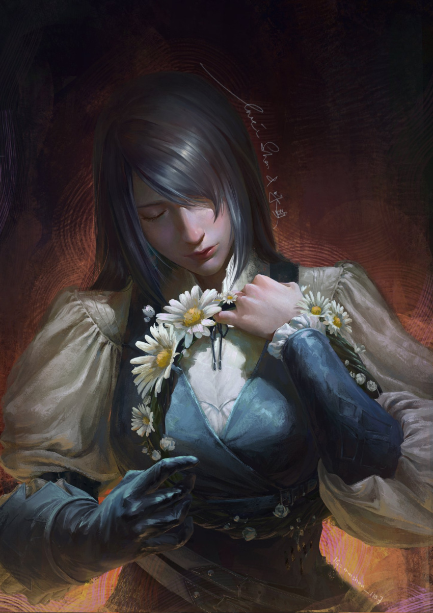 1girl, blue_gloves, blue_vest, closed_eyes, commentary, commission, commissioner_upload, dark_blue_gloves, english_commentary, final_fantasy, final_fantasy_xvi, gloves, grey_hair, hair_over_one_eye, head_down, head_wreath, highres, jill_warrick, leather_vest, long_hair, mmshan_1107, neck_ribbon, ribbon, single_glove, solo, vest