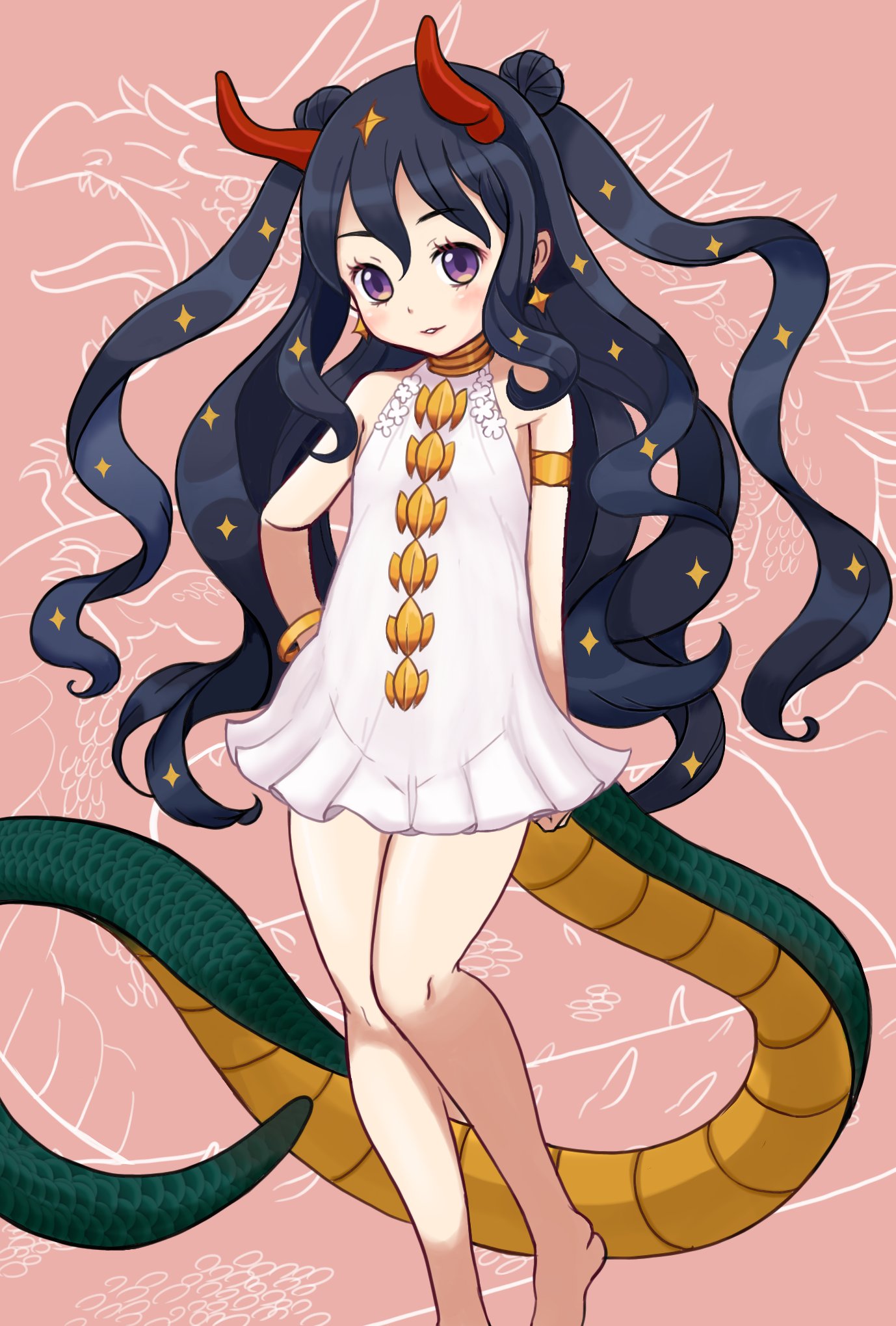 armlet, bare_shoulders, barefoot, black_hair, blush, commentary_request, double_bun, dragon_girl
