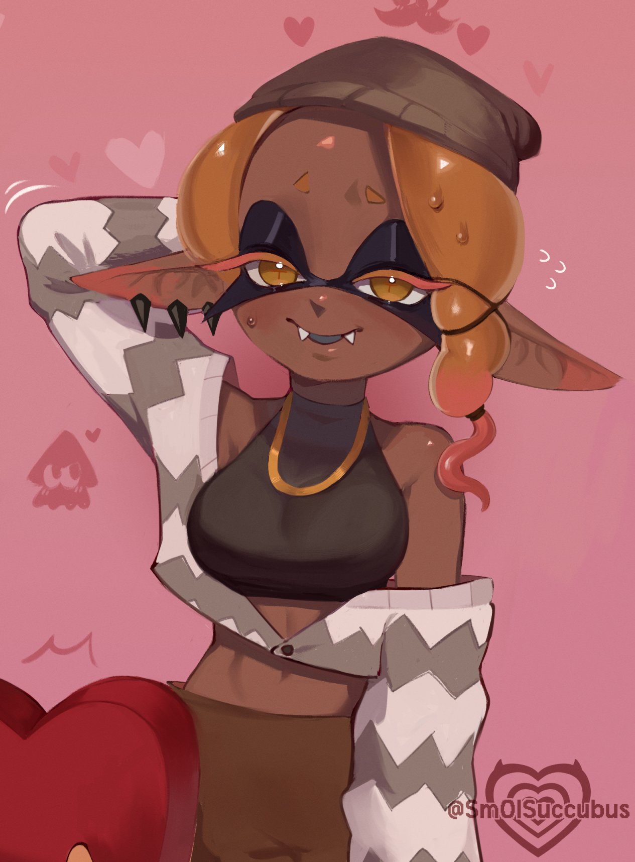 1girl, 1other, alternate_costume, beanie, breasts, commentary, crop_top, dark-skinned_female, dark_skin, domino_mask, earrings, fangs, flying_sweatdrops, forehead, frye_(splatoon), hat, heart, highres, holding, holding_heart, inkling, jewelry, large_breasts, mask, midriff, motion_lines, multicolored_hair, navel, necklace, off-shoulder_jacket, off_shoulder, orange_eyes, orange_hair, pink_hair, pointy_ears, smol_succubus, splatoon_(series), splatoon_3, sweatdrop, twitter_username, two-tone_hair, watermark