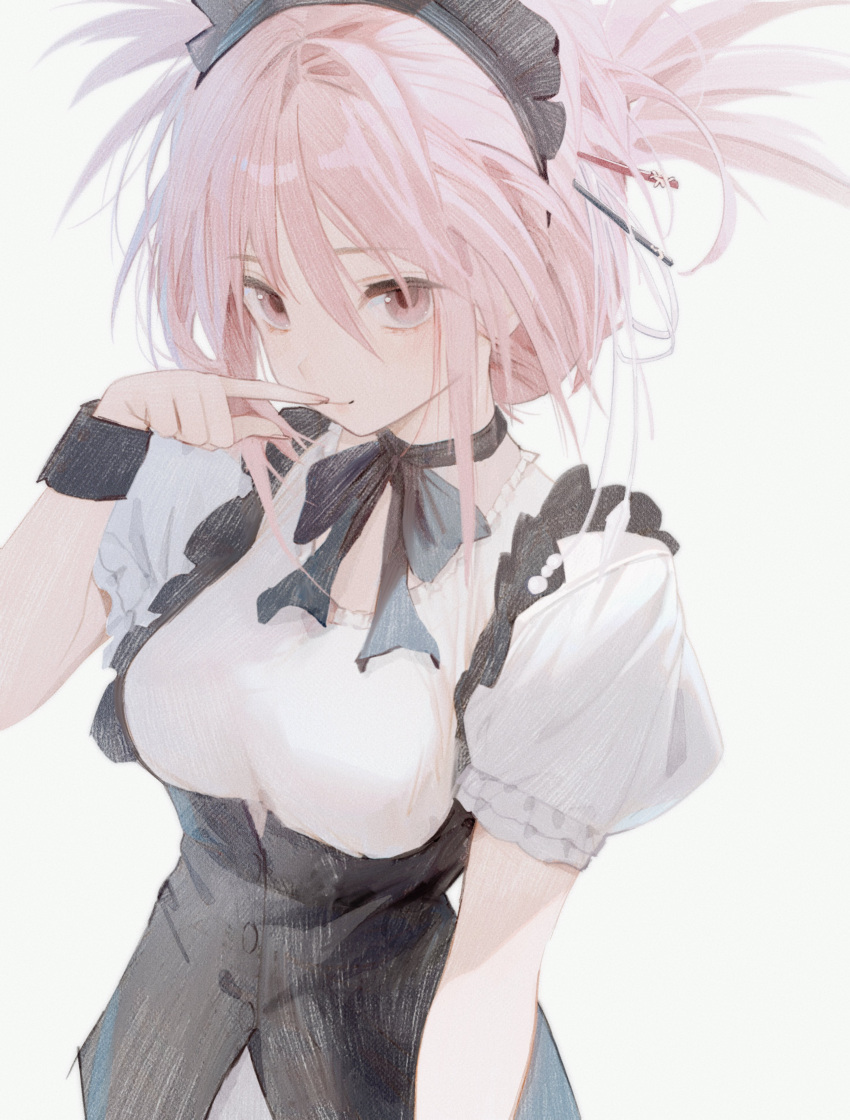 1girl, absurdres, black_hairband, black_ribbon, choker, dress, finger_to_mouth, hair_ornament, hair_stick, hairband, highres, looking_at_viewer, medium_hair, nagamerin, pink_eyes, pink_hair, ribbon, ribbon_choker, sakura_no_uta, short_sleeves, simple_background, smile, solo, toritani_makoto, underbust, upper_body, white_background, white_dress, wrist_cuffs