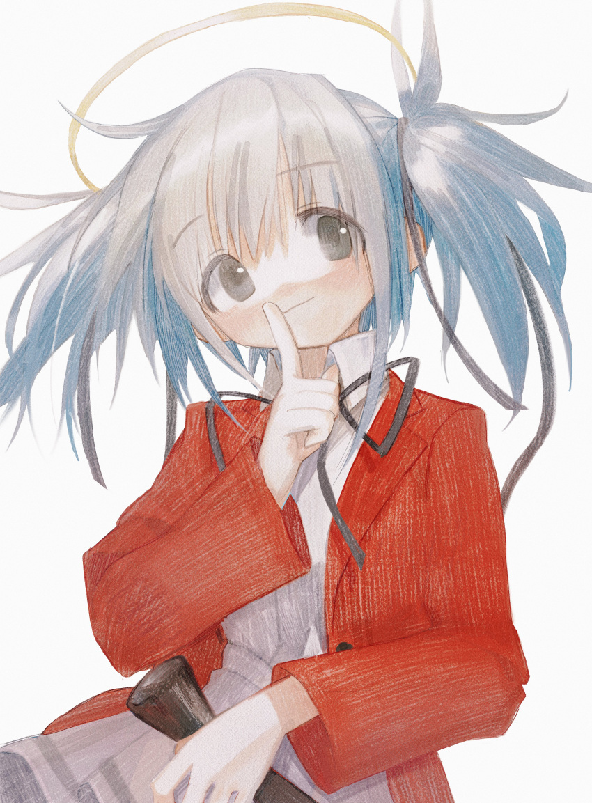 1girl, absurdres, black_eyes, blue_hair, bokusatsu_tenshi_dokuro-chan, dress, finger_to_mouth, grey_dress, hair_ribbon, halo, highres, index_finger_raised, jacket, light_blue_hair, light_smile, mitsukai_dokuro, nagamerin, open_clothes, open_jacket, red_jacket, ribbon, simple_background, solo, twintails, upper_body, white_background