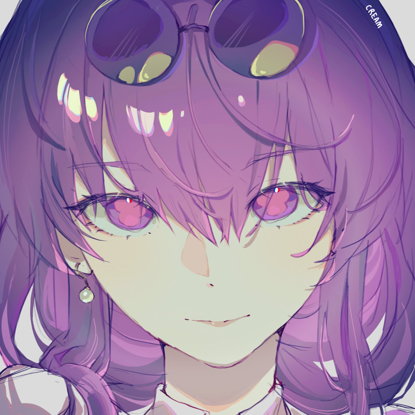 1girl, close-up, closed_mouth, earrings, eyewear_on_head, hair_between_eyes, highres, honkai:_star_rail, honkai_(series), jewelry, kafka_(honkai:_star_rail), light_smile, long_hair, looking_at_viewer, portrait, purple_hair, round_eyewear, slight_smile, smile, solo, soufflebune, sunglasses, violet_eyes