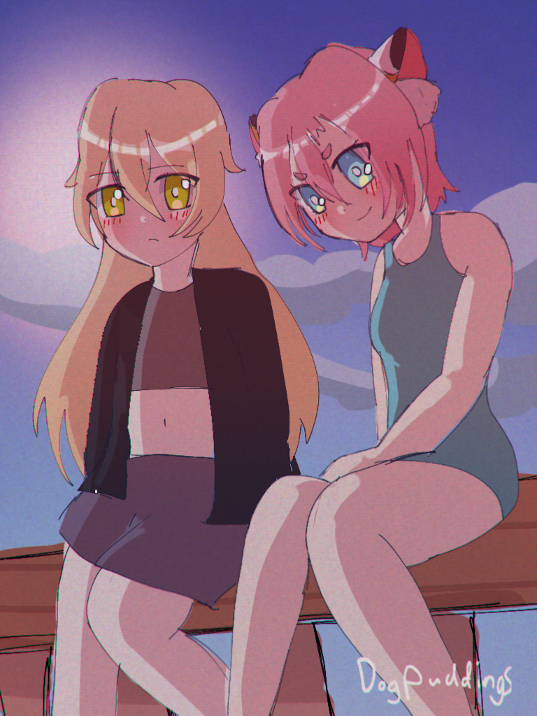 1boy, 1girl, alternate_costume, animal_ears, cat_ears, couple, diona_(genshin_impact), dogpuddings, genshin_impact, honkai_(series), honkai_impact_3rd, james_moriarty_(honkai_impact), long_hair, non-web_source, pink_hair, smile