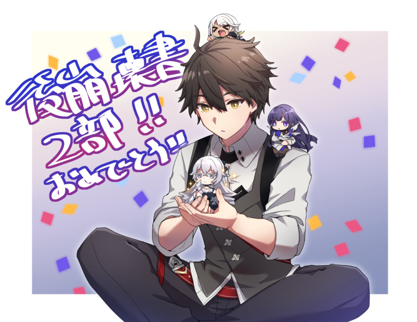>_<, 1boy, 3girls, :d, adam_(honkai_impact), black_dress, black_pants, bronya_zaychik