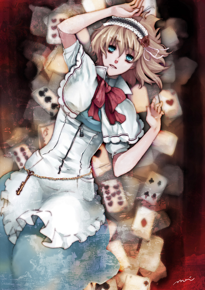 alternate_costume, blonde_hair, blue_eyes, capelet, card, chain, flower, hairband