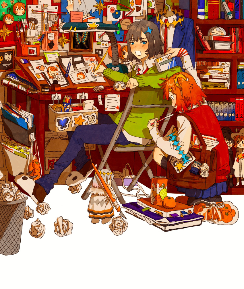 1girl, 2boys, absurdres, alternate_costume, animal_slippers, arm_rest, arm_up, art_brush