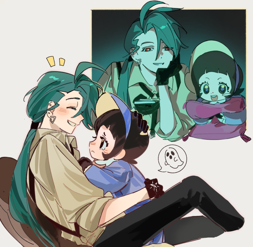 2girls, ahoge, arched_bangs, black_gloves, black_hair, black_necktie, black_pants, blunt_bangs
