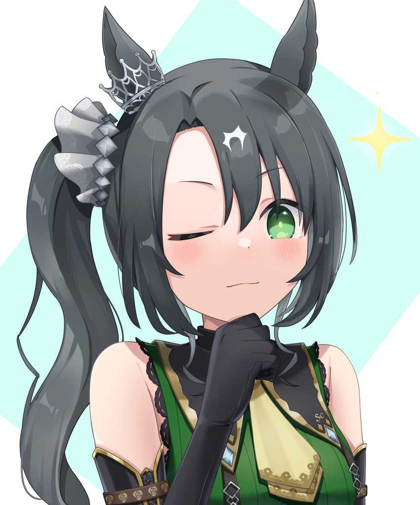 1girl, absurdres, animal_ears, black_hair, blush, breasts, closed_mouth, commentary_request