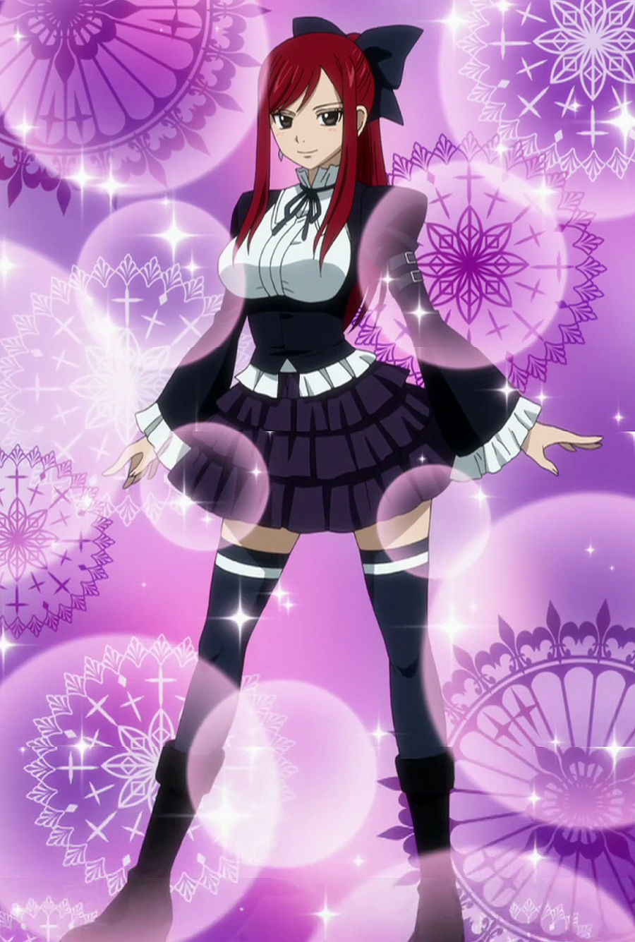cap, dress, erza_scarlet, fairy_tail, gothic_lolita, hair_bow, highres, legs
