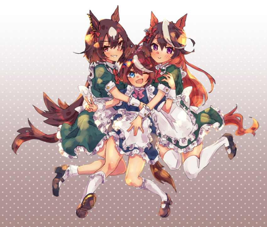 3girls, alternate_costume, animal_ears, apron, black_footwear, blue_bow, blue_dress, blue_eyes