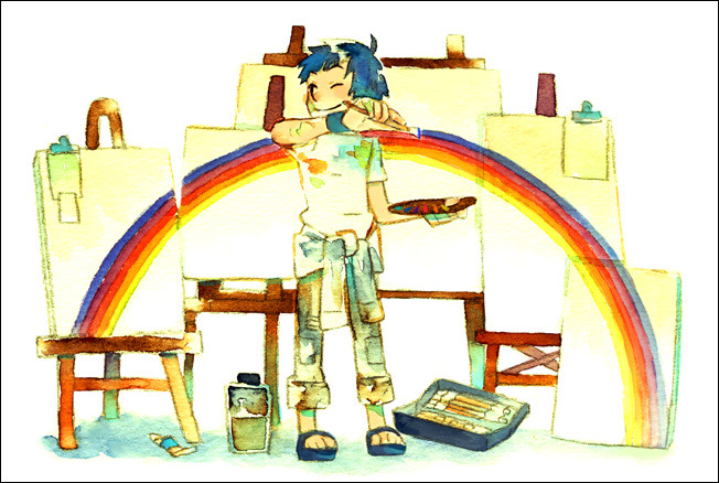 1boy, 21grams-a, ahoge, black_border, black_eyes, blue_footwear, blue_hair, blue_jacket