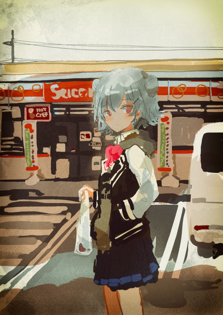 1girl, absurdres, bag, banner, black_skirt, blush, car, cevio