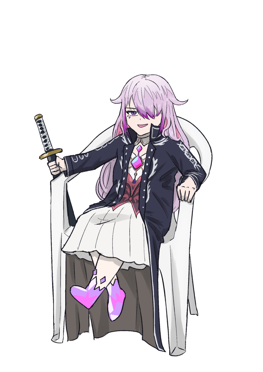 1girl, absurdres, alternate_costume, black_jacket, chair, chest_jewel, devil_may_cry_(series), devil_may_cry_5, dunkemz, full_body, gem, gradient_hair, grey_hair, hair_over_one_eye, highres, holding, holding_sword, holding_weapon, hololive, hololive_english, jacket, koseki_bijou, long_hair, long_sleeves, looking_at_viewer, meme, monobloc_(chair), multicolored_hair, one_eye_covered, open_mouth, pink_hair, purple_gemstone, purple_hair, simple_background, sitting, skirt, smile, solo, sword, vergil's_chair_(meme), very_long_hair, violet_eyes, virtual_youtuber, weapon, white_background, white_skirt