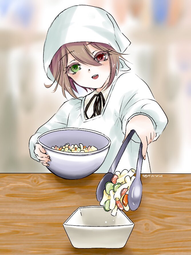 1girl, alternate_costume, apron, black_ribbon, blurry, blurry_background, blush, bowl