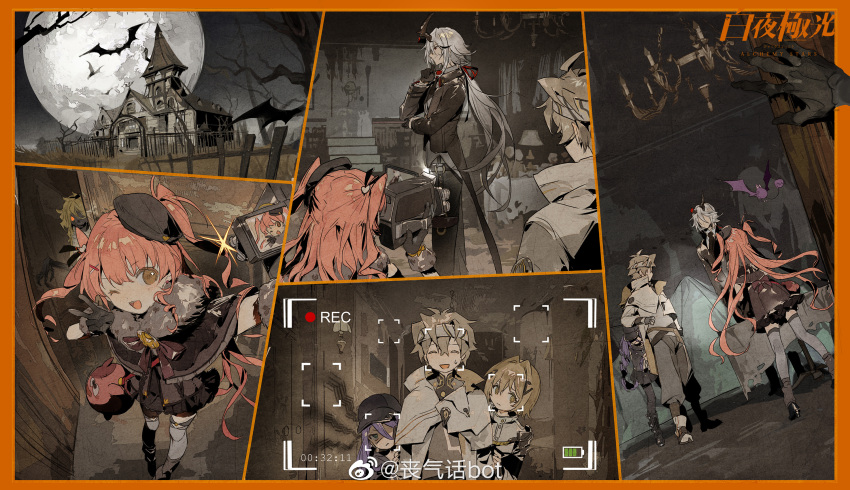 2boys, 3girls, ^_^, alchemy_stars, animal_bag, antenna_hair, bag, bare_tree