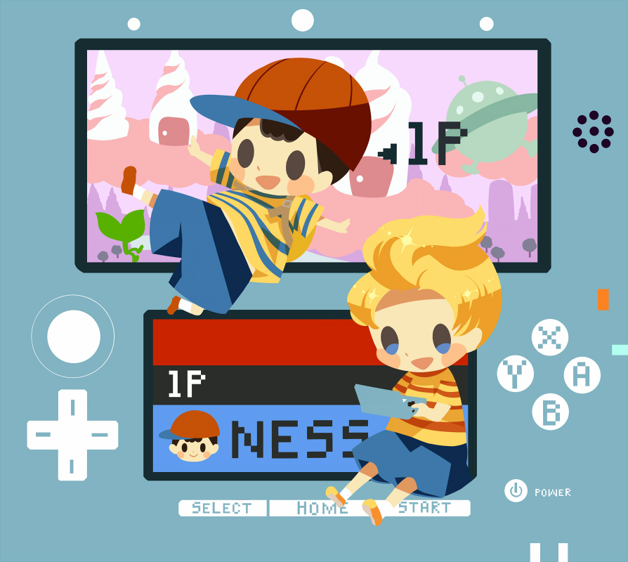 2boys, baseball_cap, black_hair, blonde_hair, blue_shorts, blush_stickers, brown_footwear, d-pad