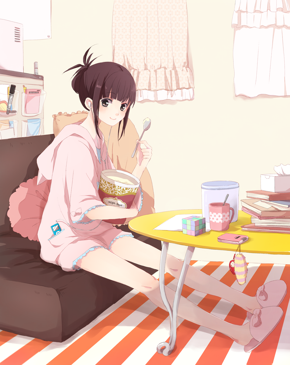 black_eyes, black_hair, cellphone, couch, food, haagen-dazs, highres, hoodie, ice_cream, indoors, legs, original, phone, rubik's_cube, rubik's_cube, sitting, smile, solo