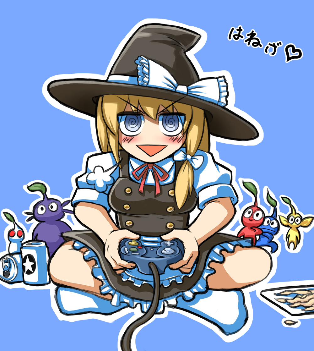 1girl, @_@, beer_can, black_headwear, black_skirt, black_vest, blue_background, blue_pikmin