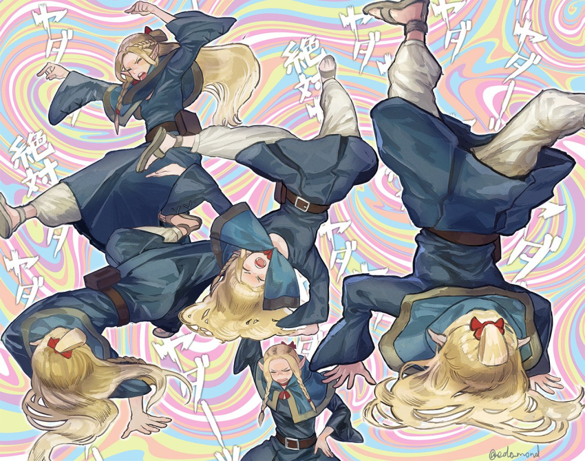 1girl, balancing, belt, belt_buckle, black_belt, blonde_hair, blue_capelet, blue_dress