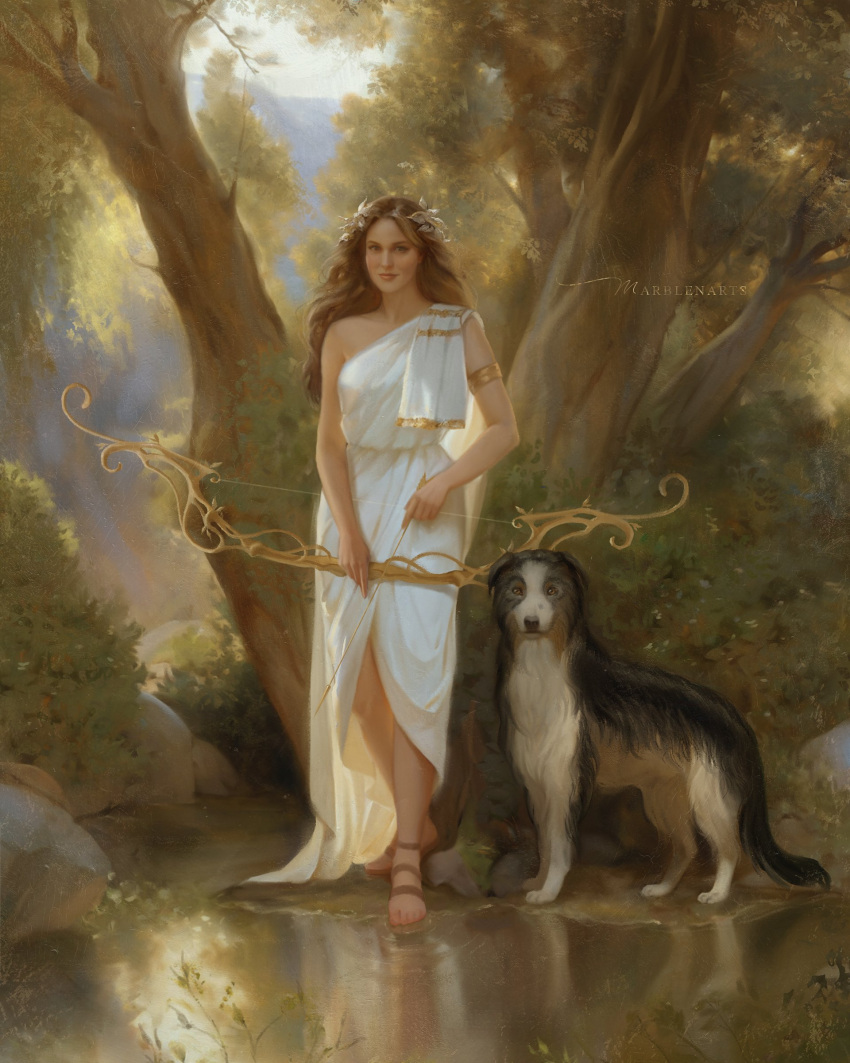 1girl, absurdres, armlet, artemis_(mythology), bow_(weapon), brown_hair, day, dog, dress, greek_mythology, highres, holding, holding_bow_(weapon), holding_weapon, long_hair, looking_at_viewer, marblenxart, outdoors, reflection, reflective_water, sandals, sleeveless, sleeveless_dress, tree, water, weapon, white_dress