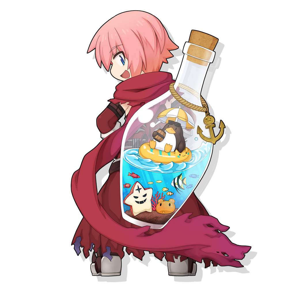 1boy, :d, anchor_ornament, aquarium, back, bird, blue_eyes, brown_cape, brown_gloves, brown_shirt, cape, clownfish, commentary_request, coral, cork, fish, from_behind, full_body, galapago_(ragnarok_online), galapagos_penguin, gloves, guillotine_cross_(ragnarok_online), looking_at_viewer, looking_back, medium_bangs, official_alternate_costume, official_art, open_mouth, penguin, pink_hair, poring, ragnarok_online, red_eruma, red_scarf, scarf, shirt, short_hair, simple_background, siorava, sleeveless, sleeveless_shirt, slime_(creature), smile, standing, starfish, transparent_background, water, yellow_innertube, yuichirou