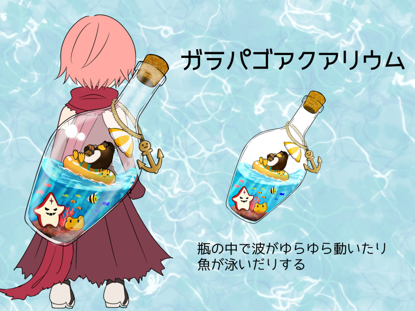 1boy, anchor_ornament, aquarium, artist_request, back, bird, brown_cape, brown_gloves