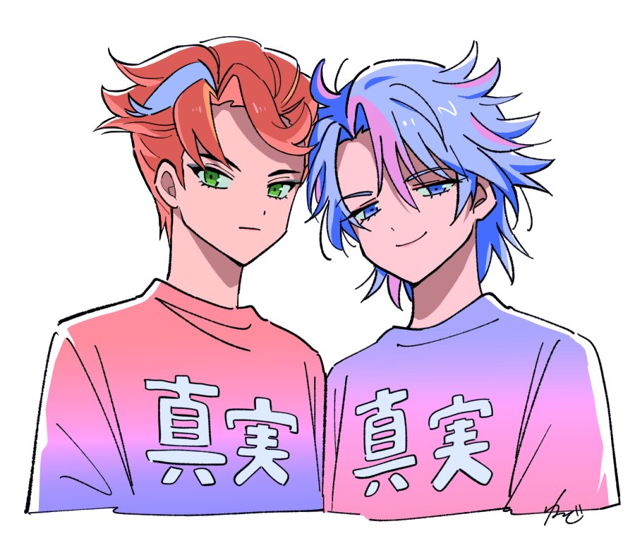 2boys, blue_eyes, blue_hair, closed_mouth, cropped_torso, green_eyes, hair_between_eyes, hughie_(waccha_primagi!)