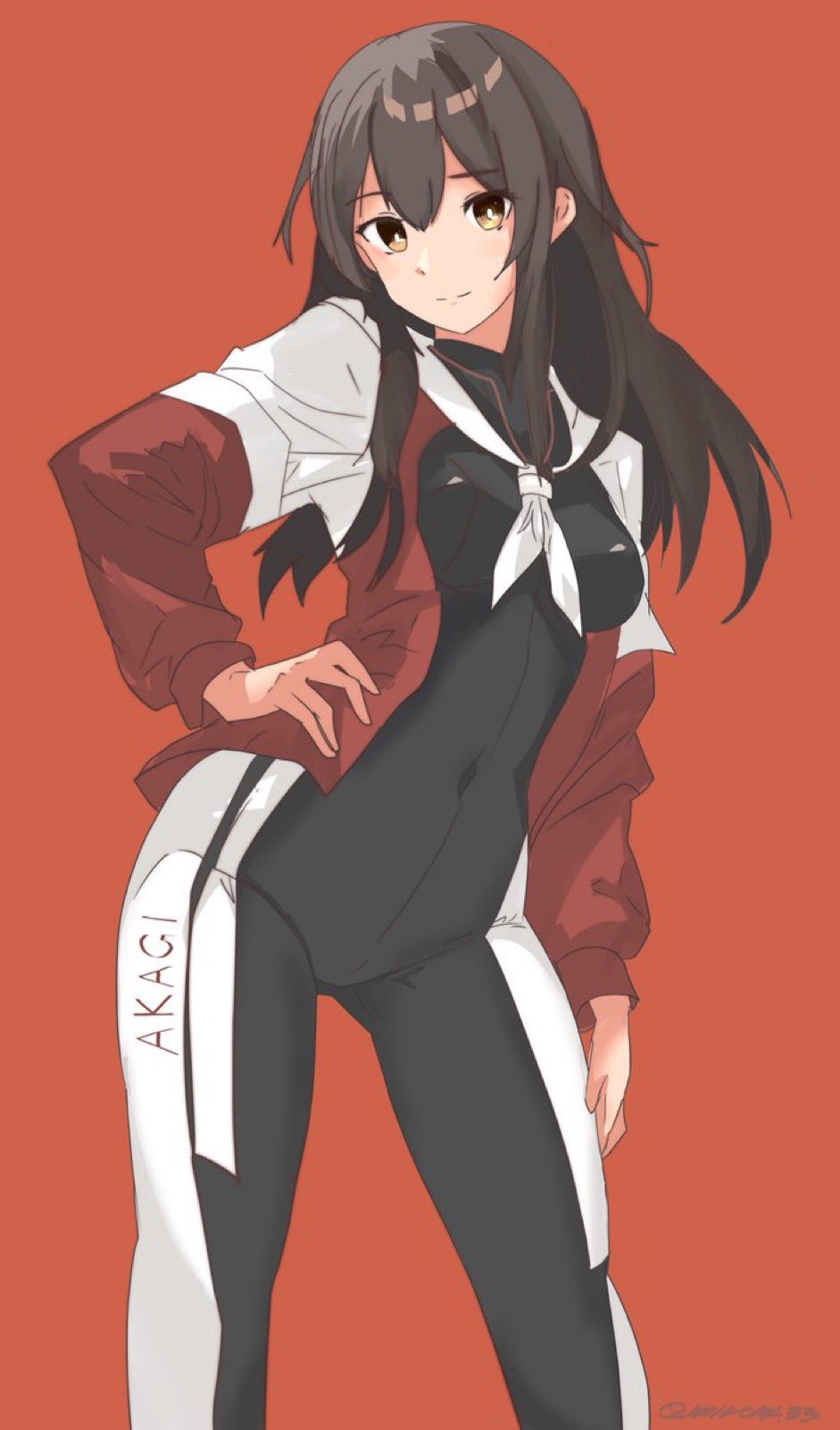 1girl, akagi_(kancolle), alternate_costume, black_bikesuit, black_bodysuit, black_hair, bodysuit, brown_eyes