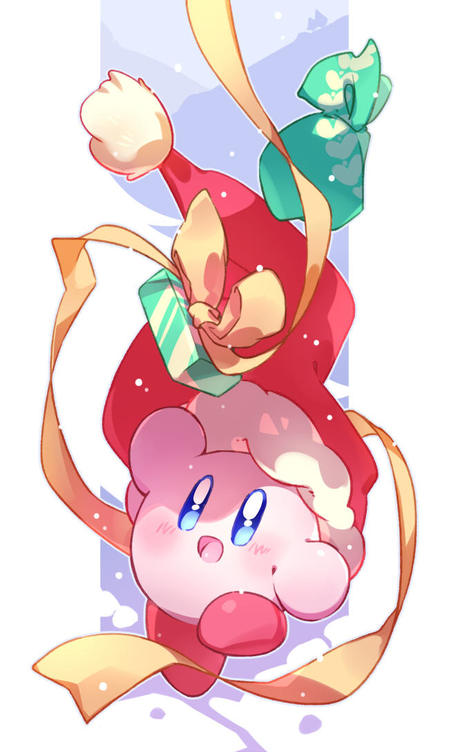 0olqplo0, 1other, arm_up, blue_eyes, border, christmas, commentary, english_commentary, fur-trimmed_headwear, fur_trim, gift, hat, kirby, kirby_(series), light_blush, mountainous_horizon, no_humans, open_mouth, outdoors, outside_border, pillarboxed, pom_pom_(clothes), red_footwear, ribbon, sack, santa_hat, shoes, smile, snowing, solo, white_border, yellow_ribbon