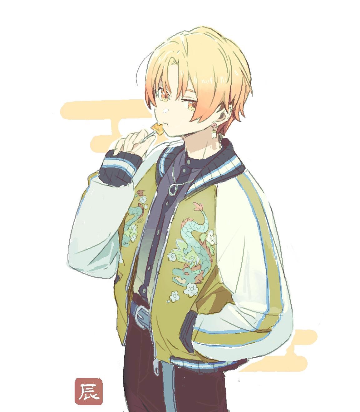1boy, belt, black_pants, blonde_hair, buttons, candy, closed_mouth, cowboy_shot