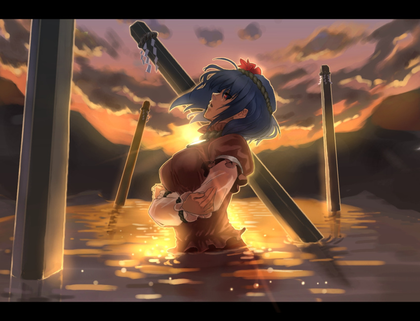 blue_hair, cloud, clouds, crossed_arms, hairband, lake, leaf, letterboxed
