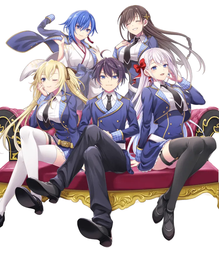 1boy, 4girls, black_footwear, black_pants, black_thighhighs, blonde_hair, blue_eyes, blue_hair