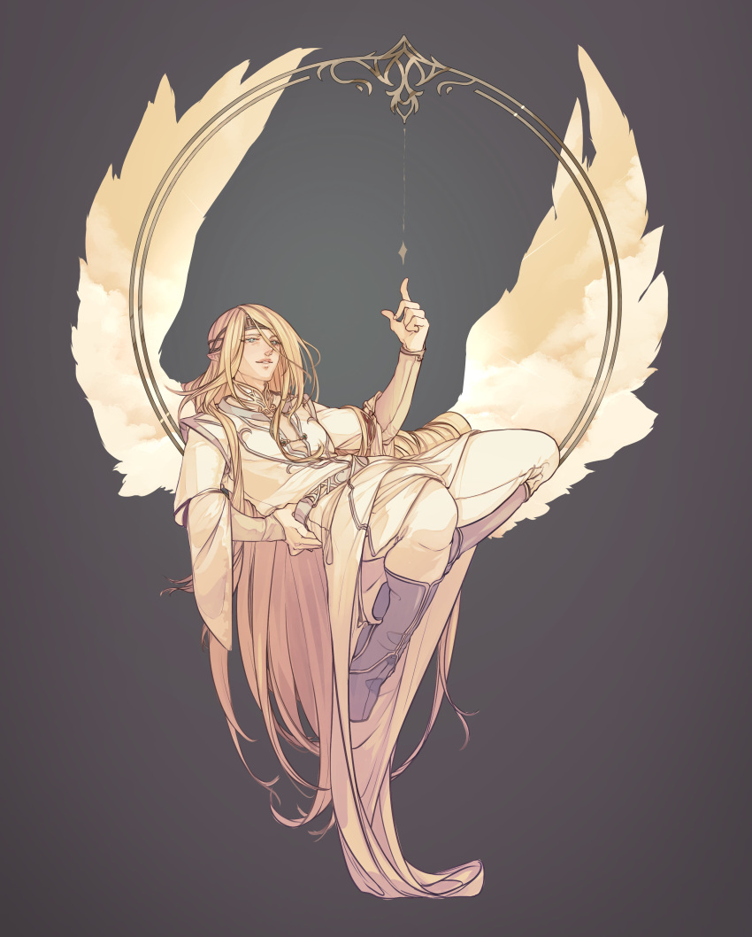1boy, absurdres, angel_wings, black_background, blonde_hair, boots, english_commentary, fire_emblem