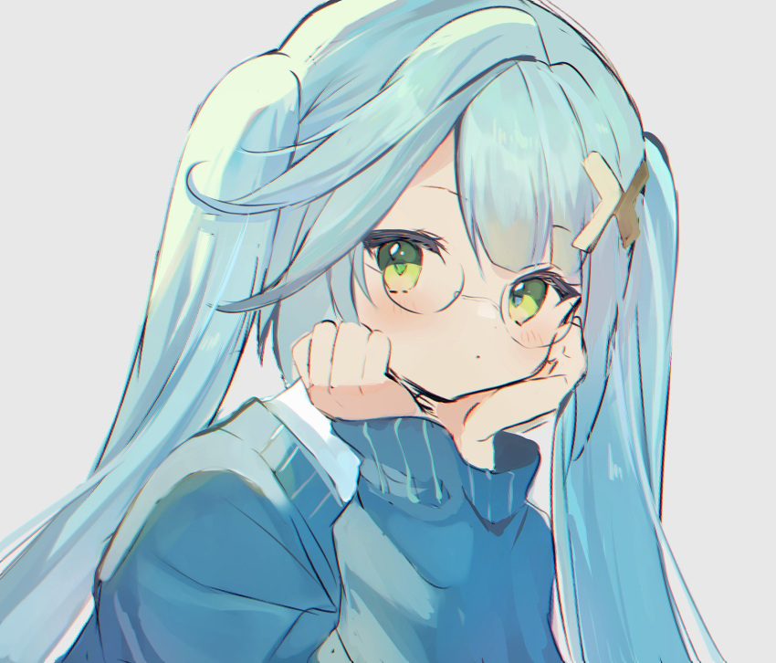 1girl, alternate_costume, aqua_hair, bespectacled, blue_sweater, blush, closed_mouth, faruzan_(genshin_impact)