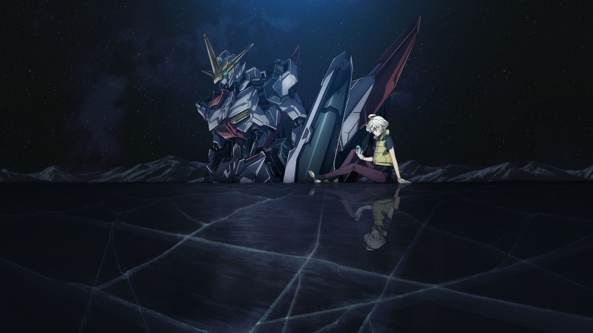 1boy, black_shirt, gloves, glowing, glowing_eyes, green_eyes, gundam, gundam_hajiroboshi