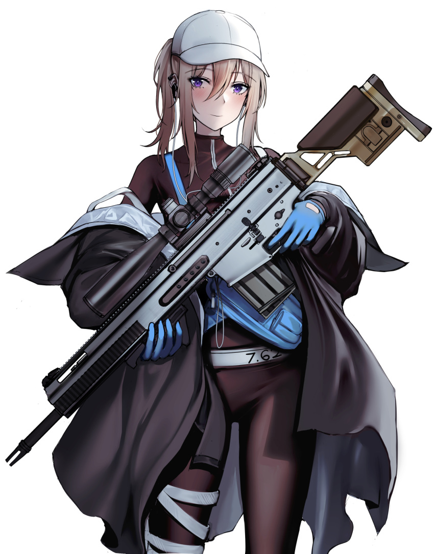 1girl, baseball_cap, blonde_hair, blue_gloves, blush, closed_mouth, cowboy_shot, girls_frontline