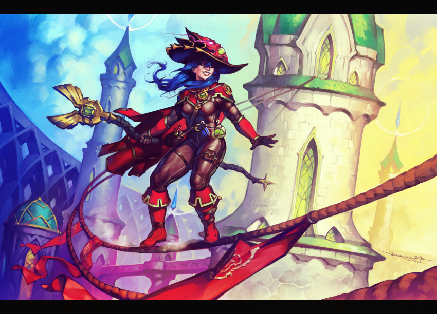 1girl, armor, belt_pouch, blue_hair, boot_knife, boots, breasts, brick, building, cape, clouds, commentary, commission, completionist_cape_(runescape), completionist_cape_(t)_(runescape), crystal, dang_(runescape), duellist's_cap_(tier_6), english_commentary, flag, full_body, gloves, hat, highres, holding, holding_staff, janrock, long_hair, medium_breasts, original, potion, pouch, rope, runescape, signature, sliding, smile, solo, spiked_ear_piercing, staff, standing, tower, vial, yellow_eyes