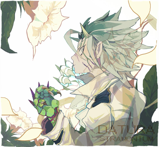 1boy, claws, coat, flower, green_hair, grey_eyes, horns, ivan_perepelkin