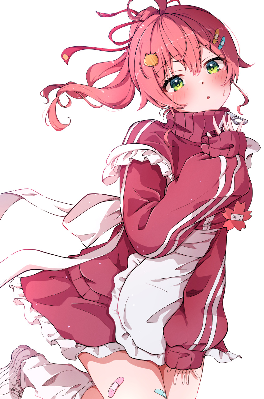 1girl, absurdres, apron, bandaid, bandaid_on_leg, blush, bow, frilled_apron, frilled_skirt, frills, green_eyes, hair_bow, hair_ornament, hairclip, highres, hololive, jersey, jersey_maid, long_hair, looking_at_viewer, loose_socks, maid, pink_hair, ponytail, red_skirt, sakura_miko, simple_background, skirt, sleeves_past_wrists, socks, solo, sportswear, t4n4k4_no_yosei, unconventional_maid, virtual_youtuber, white_background, white_footwear